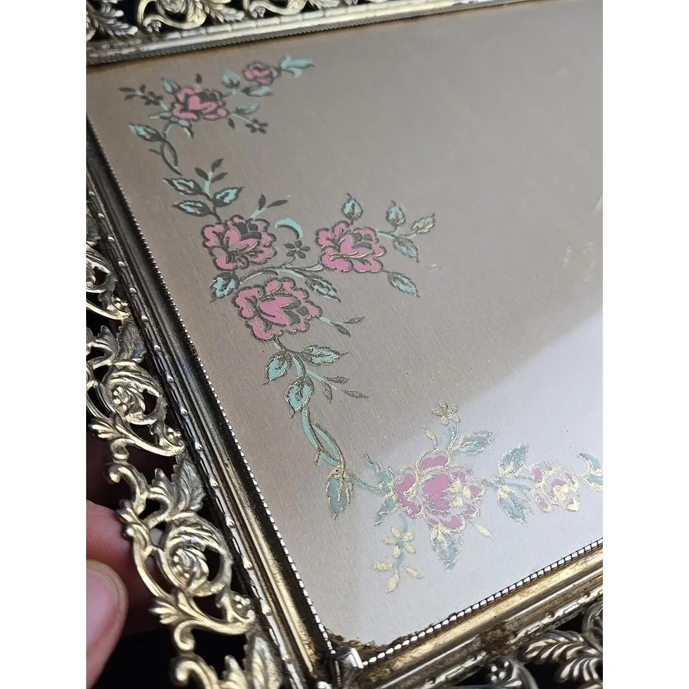 VTG Hollywood Regency Gold Tone Glass Rectangle Vanity Tray Filigree 14.5 x 9.5